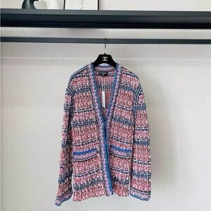Authentic CHANEL Pink and Blue Tweed Open-Front Cardigan